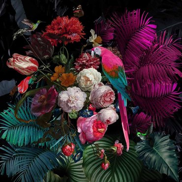 Glasschilderij bloemen en papegaai