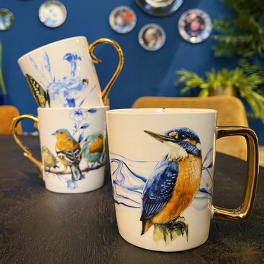 Heinen Delfts Blauw mok bosvogels goud - afbeelding 2