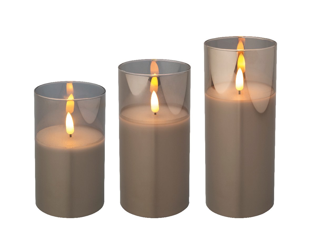 Margaret Mitchell Melodieus juni LED kaarsen in glas grijs 3 stuks - Tuincentrum Borghuis
