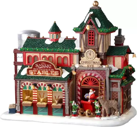 Lemax santa's reindeer stables kersthuisje met verlichting